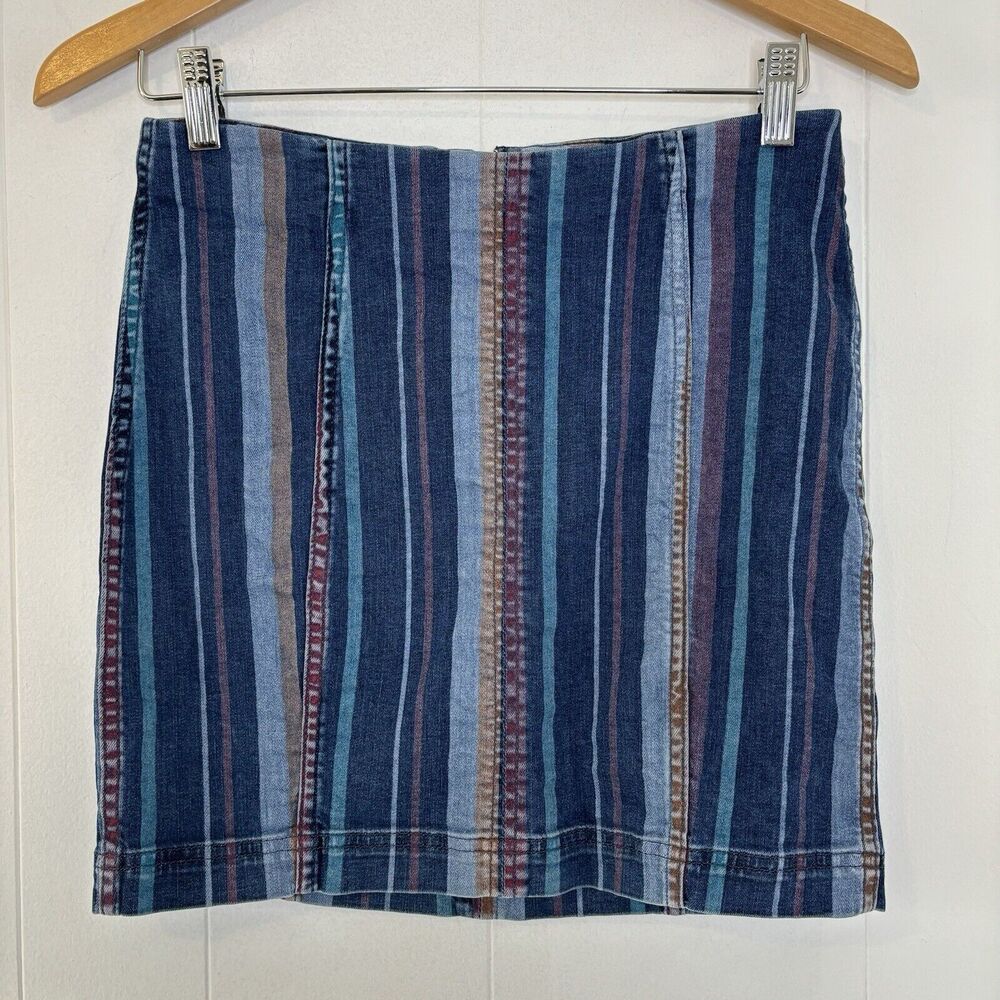 Free People Blue Denim Mini Skirt Striped Cotton Indie Art Festival Boho Size 6